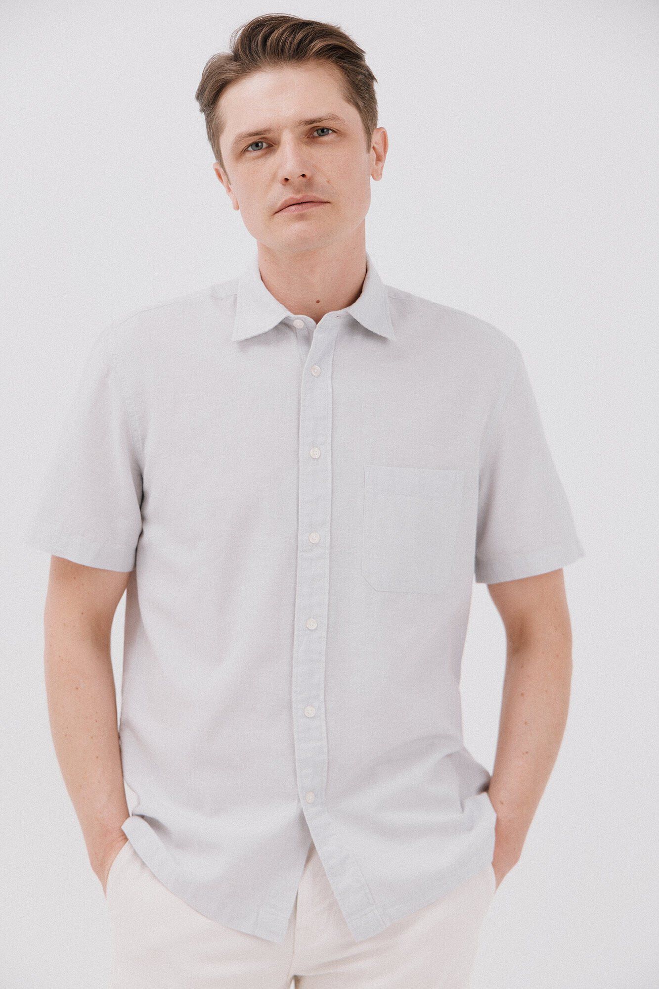 Cortefiel Camisa lisa algod&oacute;n lino manga corta