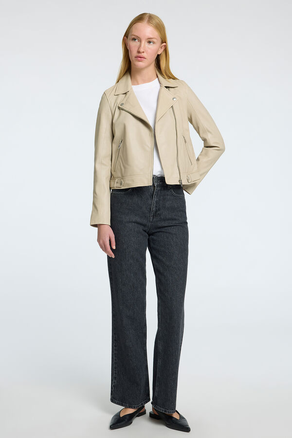 Selected Cazadora Biker Cropped 100% piel. Beige