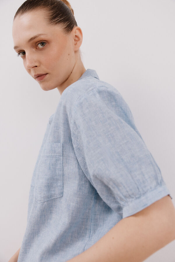 Cortefiel Camisa manga corta con lino Azul