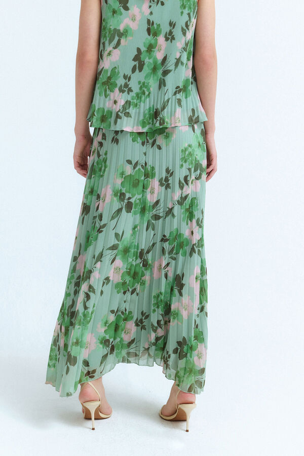 Vila Falda midi plisada estampada Kaki