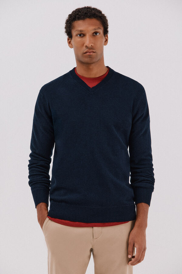 Cortefiel Jersey lana lambswool cuello pico Azul marino