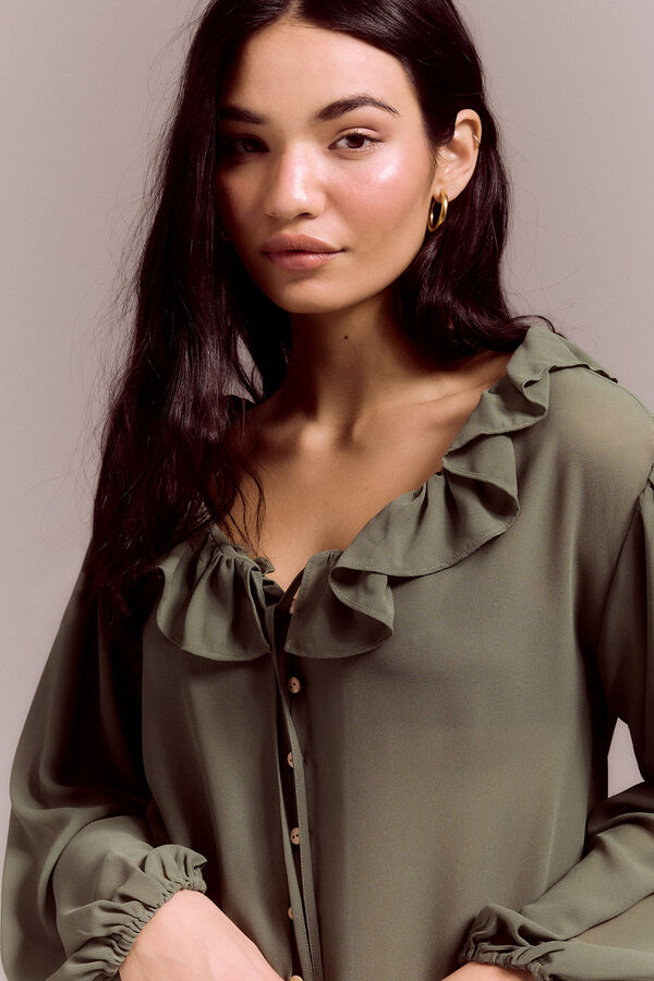 Slowlove Blusa rom&aacute;ntica volantes Kaki