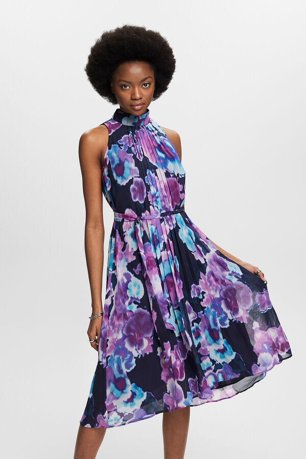 Esprit Vestido comprido estampado gola alta Azul