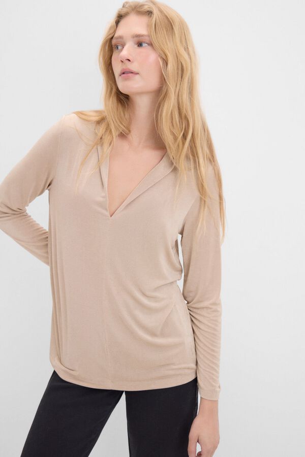 Cortefiel Camisola manga comprida crep&eacute; Castanho