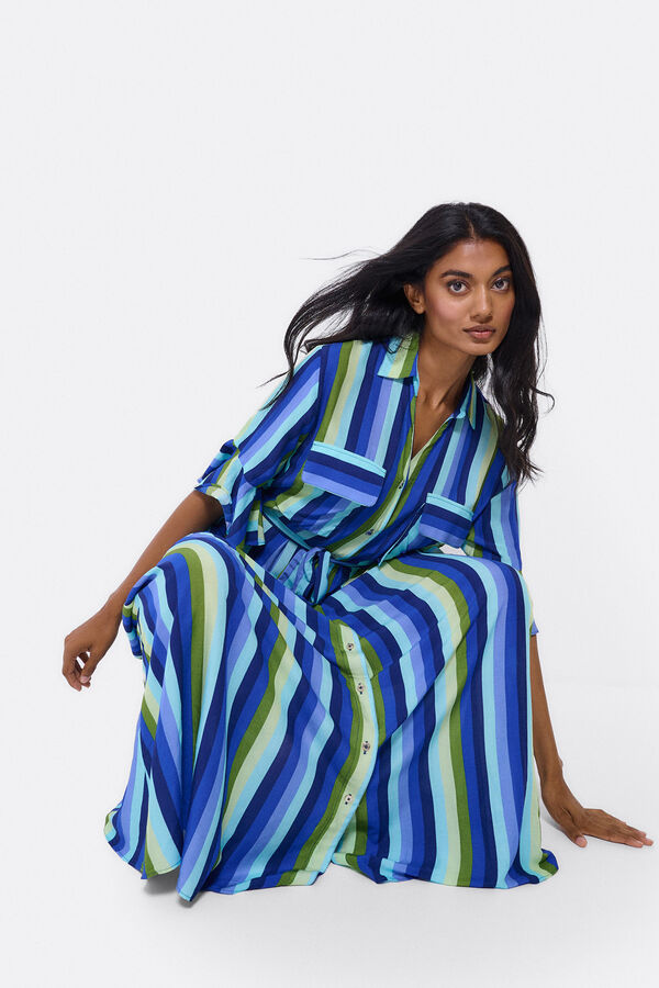 Cupl&eacute; Vestido camiseiro comprido em algod&atilde;o &agrave;s riscas Multicolorido