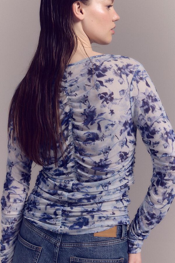 Slowlove Top de tule estampado franzido Azul