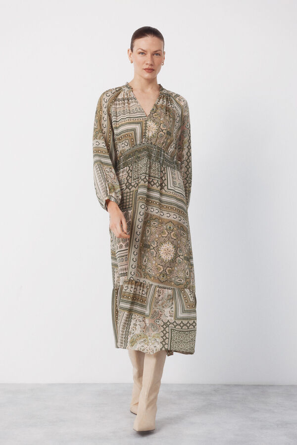 Cortefiel Vestido estampado fluido Kaki
