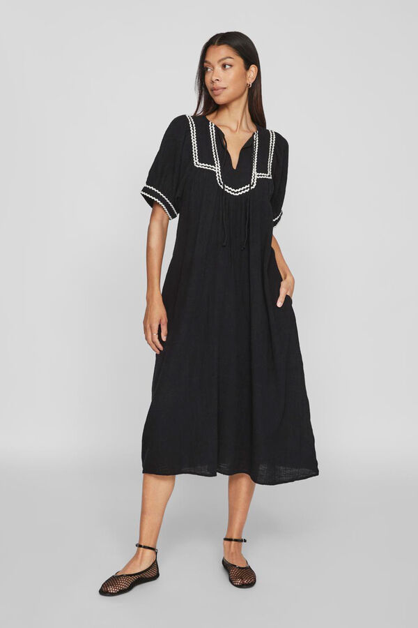 Vila Vestido midi com manga bal&atilde;o Preto