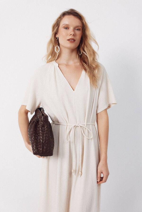 Cortefiel Vestido estruturado com cinto Ecru