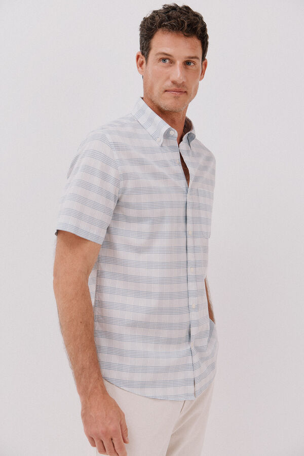 Cortefiel Camisa cuadros algod&oacute;n tencel manga corta Azul