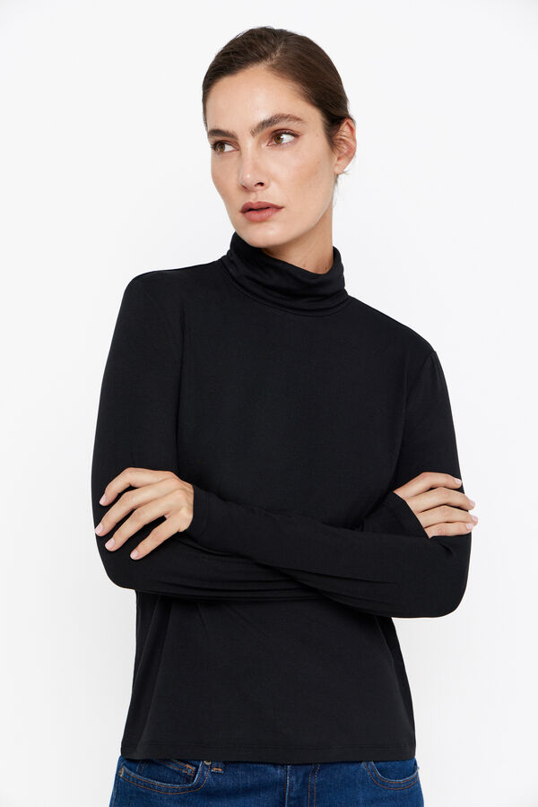 Cortefiel Camiseta cuello vuelto fluida Negro