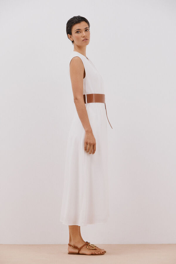 Cortefiel Vestido blanco con cintur&oacute;n Blanco
