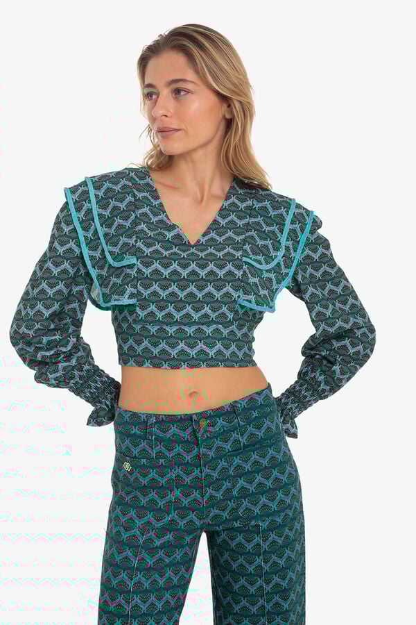 Cupl&eacute; Top cropped com lapela e estampado geom&eacute;trica Azul