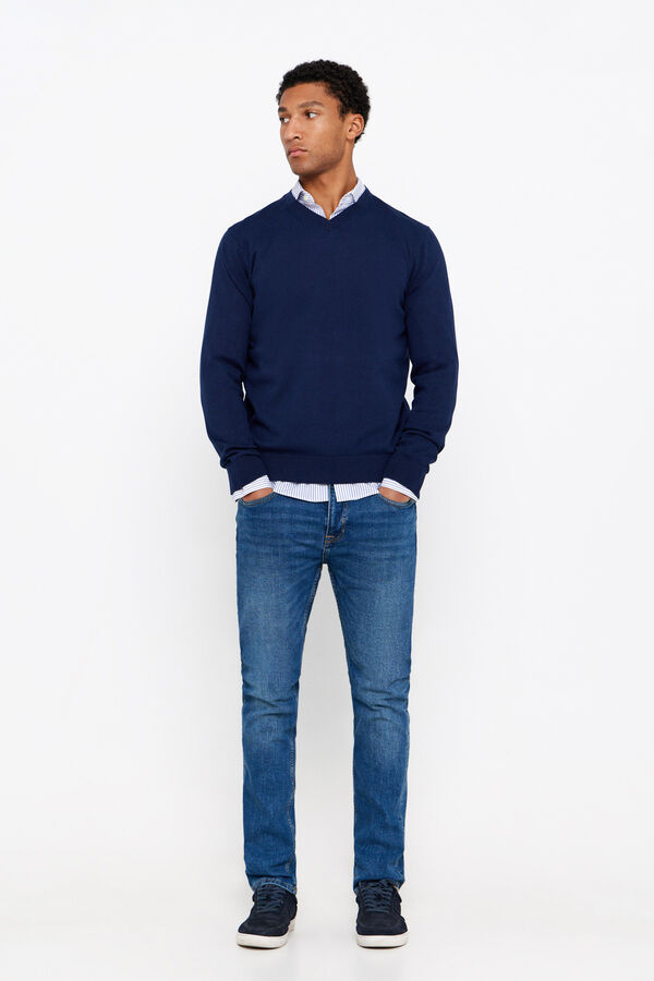 Cortefiel Jersey algod&oacute;n cuello pico b&aacute;sico Azul marino