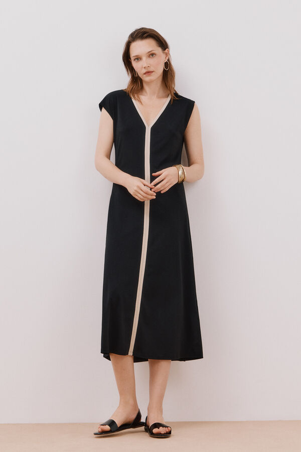 Cortefiel Vestido escote pico contraste Negro