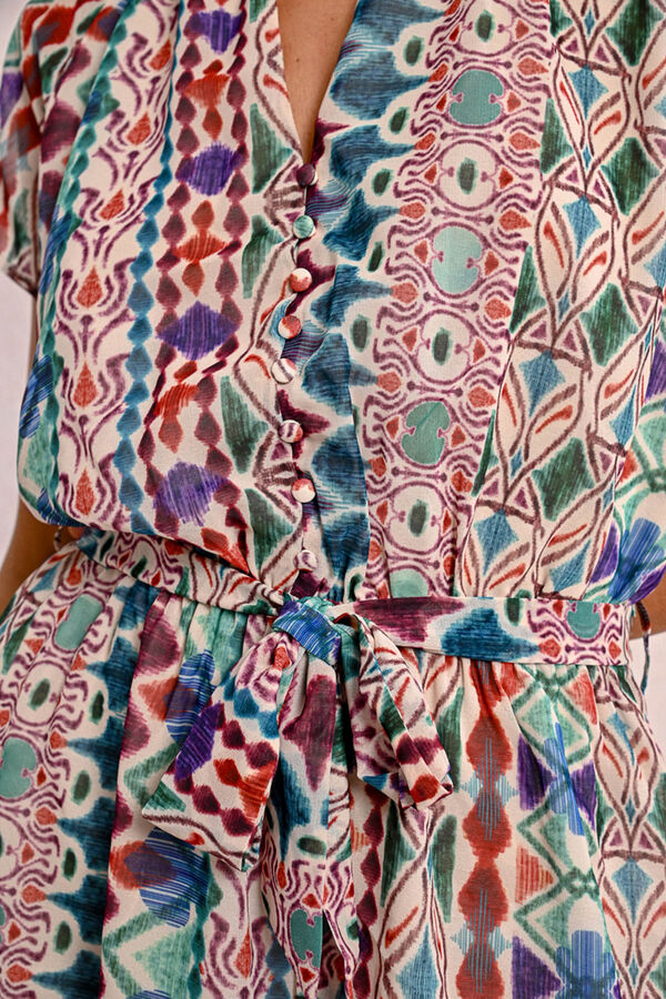 Molly Bracken Vestido de manga curta com folhos, la&ccedil;ada e estampado Multicolorido