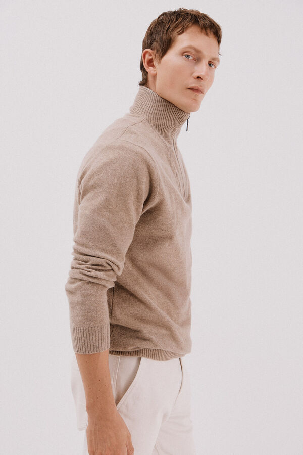 Cortefiel Jersey lana lambswool cuello abierto cremallera Camel