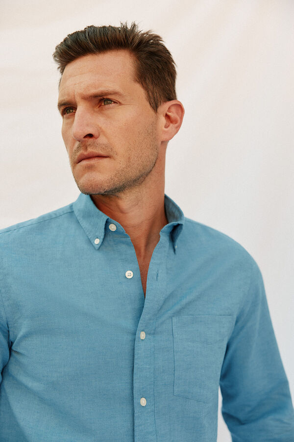 Cortefiel Camisa lino algod&oacute;n liso Azul