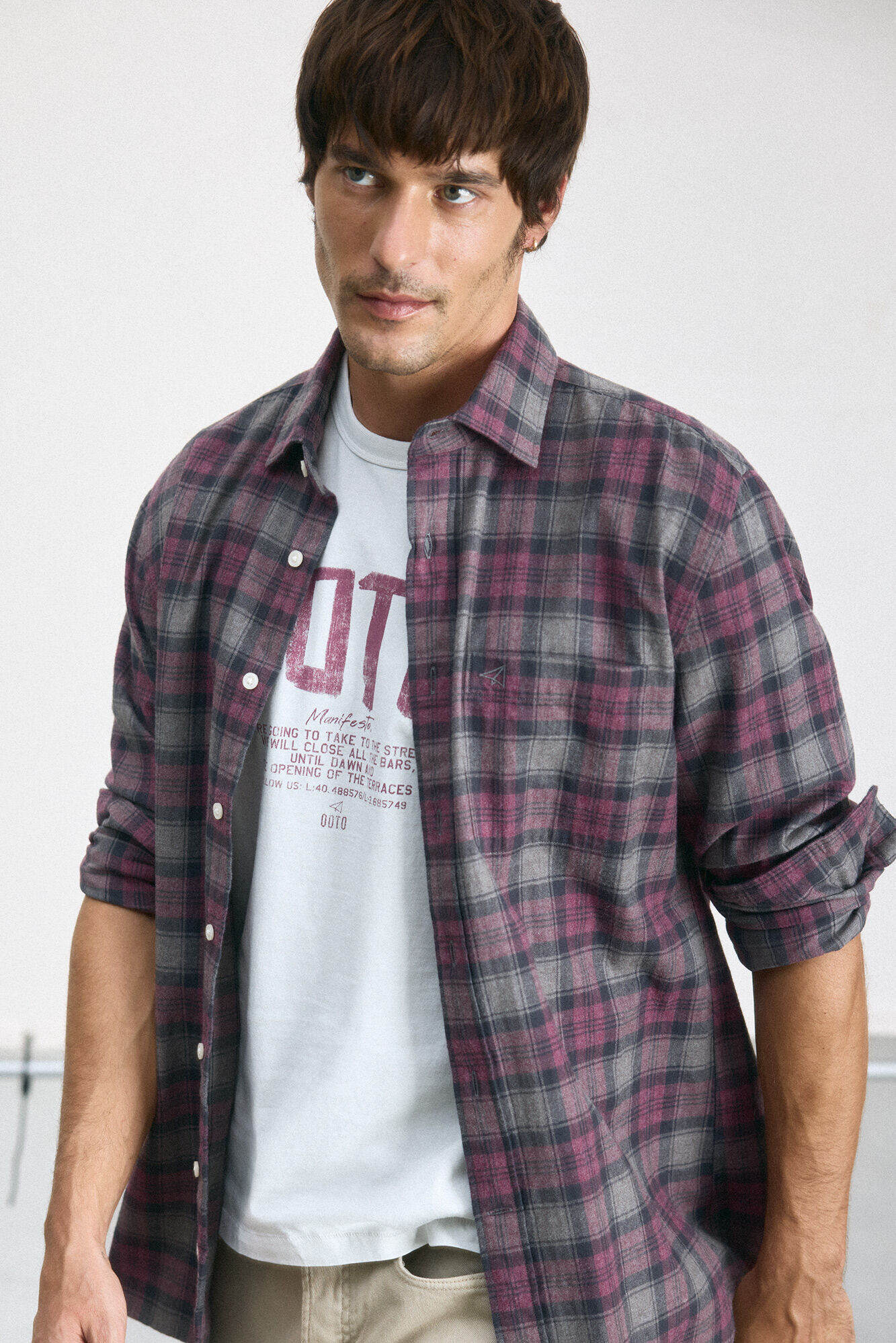 OOTO Camisa xadrez xadrez manga comprida