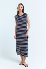 Vila Vestido midi de rayas con jaretas Azul marino