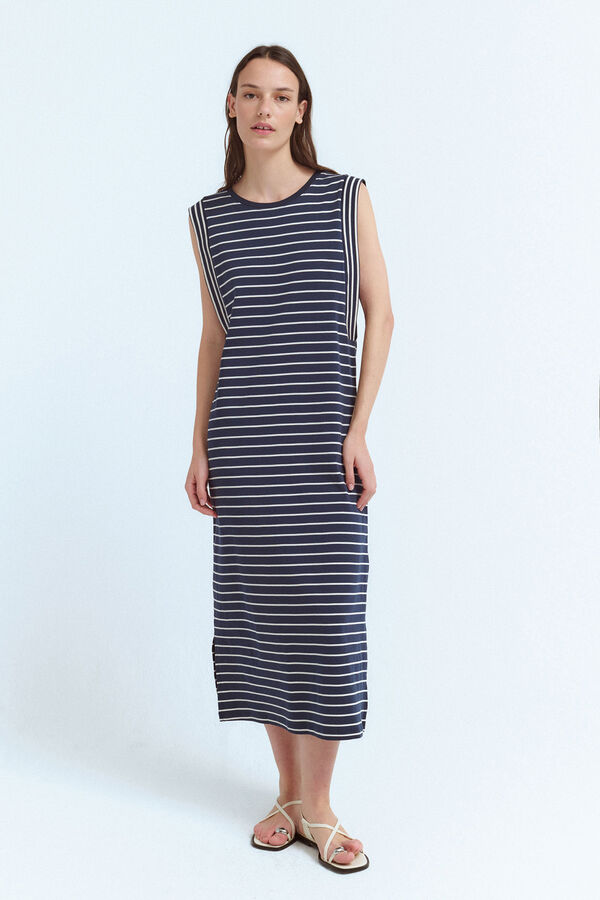 Vila Vestido midi de rayas con jaretas Azul marino