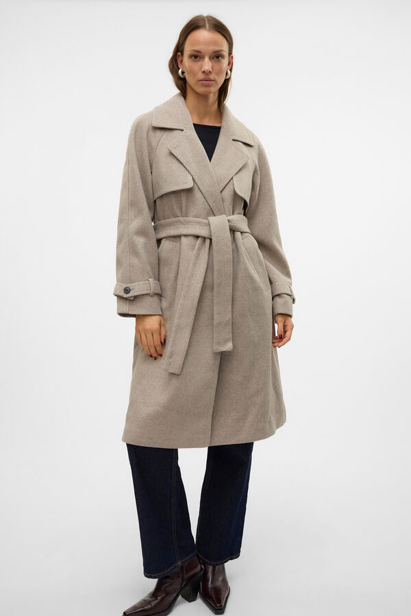 Vero Moda Abrigo largo anudado cintura Marr&oacute;n