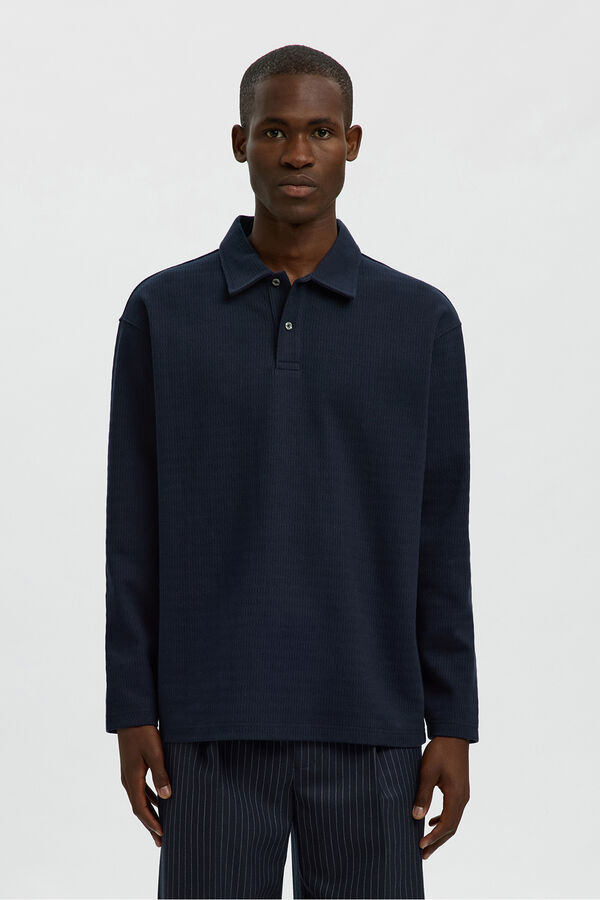 Selected Camisa polo jacquard de manga comprida , 100% algod&atilde;o org&acirc;nico Azul