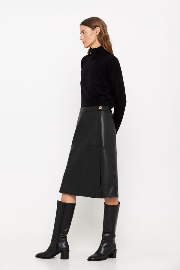 Cortefiel Falda midi cruzada de s&iacute;mil piel Negro