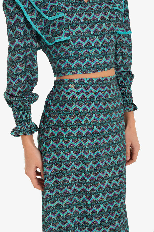 Cupl&eacute; Saia midi com estampado geom&eacute;trica Azul