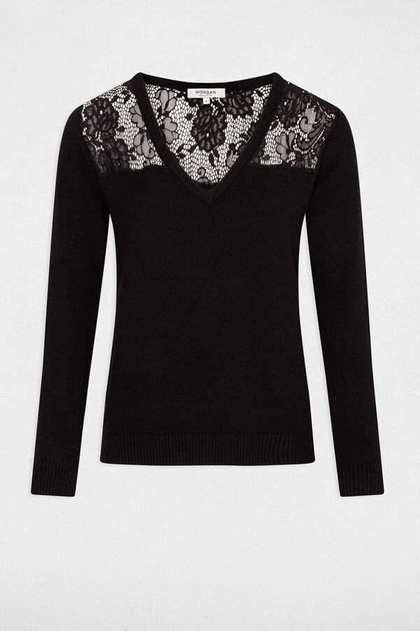 Morgan Jersey escote en V y encaje Negro