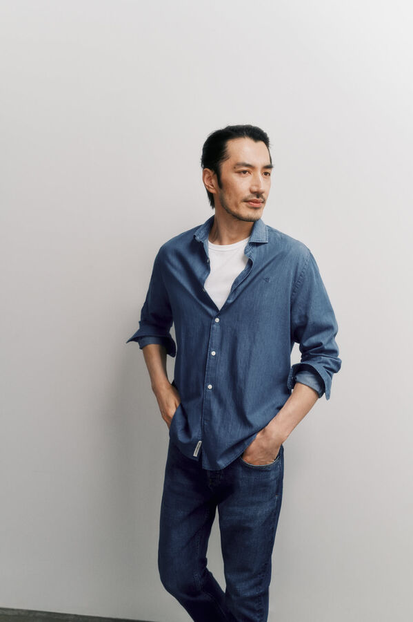 OOTO Camisa de ganga de manga comprida  Azul