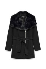 Vero Moda Abrigo de pa&ntilde;o cuello de pelo Negro