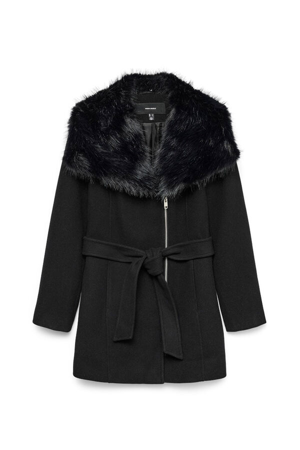Vero Moda Abrigo de pa&ntilde;o cuello de pelo Negro