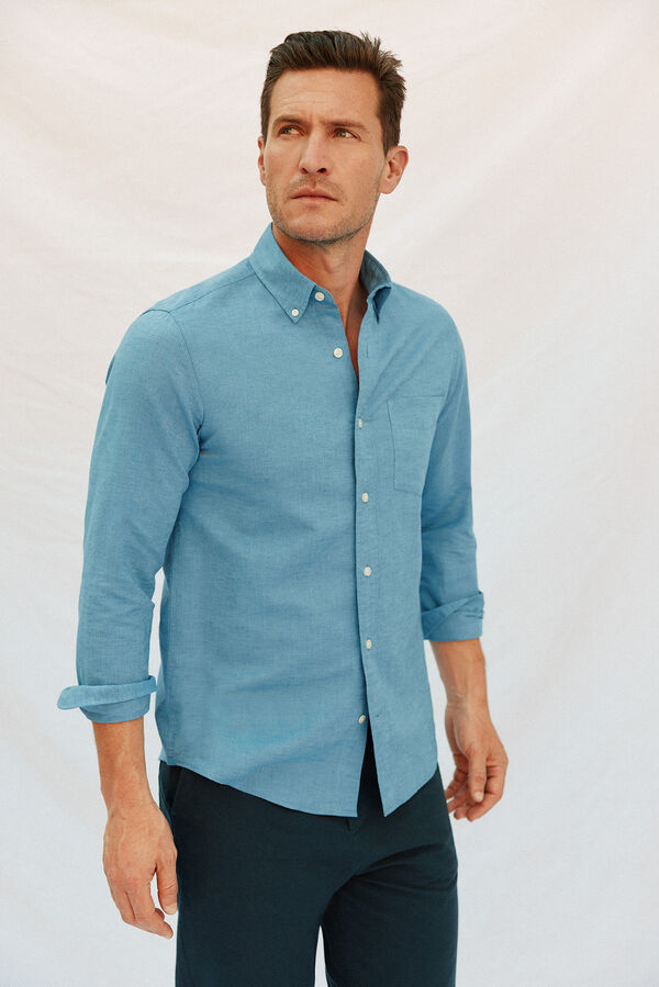 Cortefiel Camisa lino algod&oacute;n liso Azul