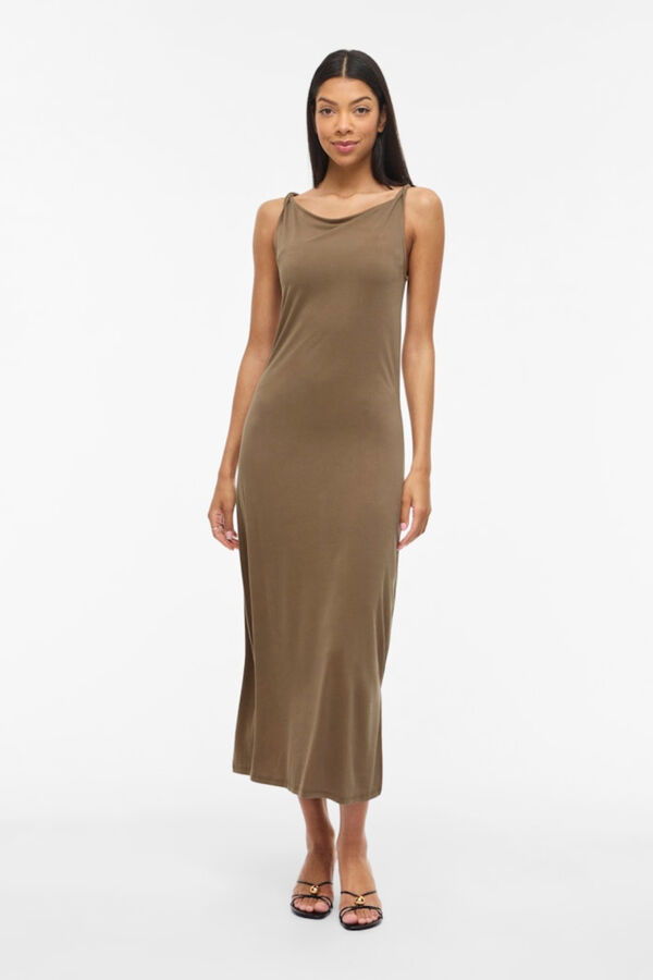 Vila Vestido midi com gola barco em modal Castanho