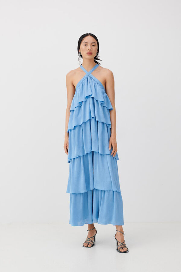 Vila Vestido de festa comprido com folhos Azul