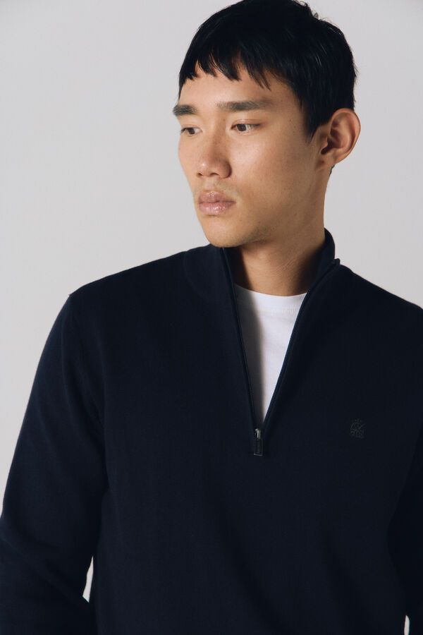 Cortefiel Camisola de malha de algod&atilde;o com gola com fecho-&eacute;clair Azul