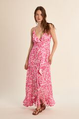 Molly Bracken Vestido comprido estampado com folhos Subiu