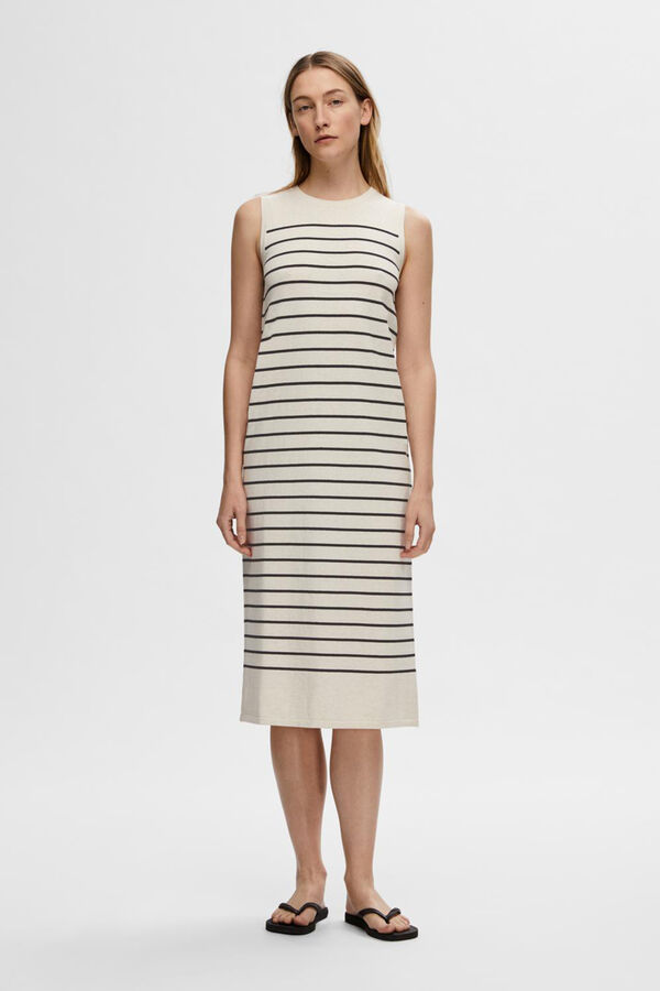 Selected Femme Vestido &agrave;s riscas comprido de malha confecionado com algod&atilde;o org&acirc;nico. Cinzento