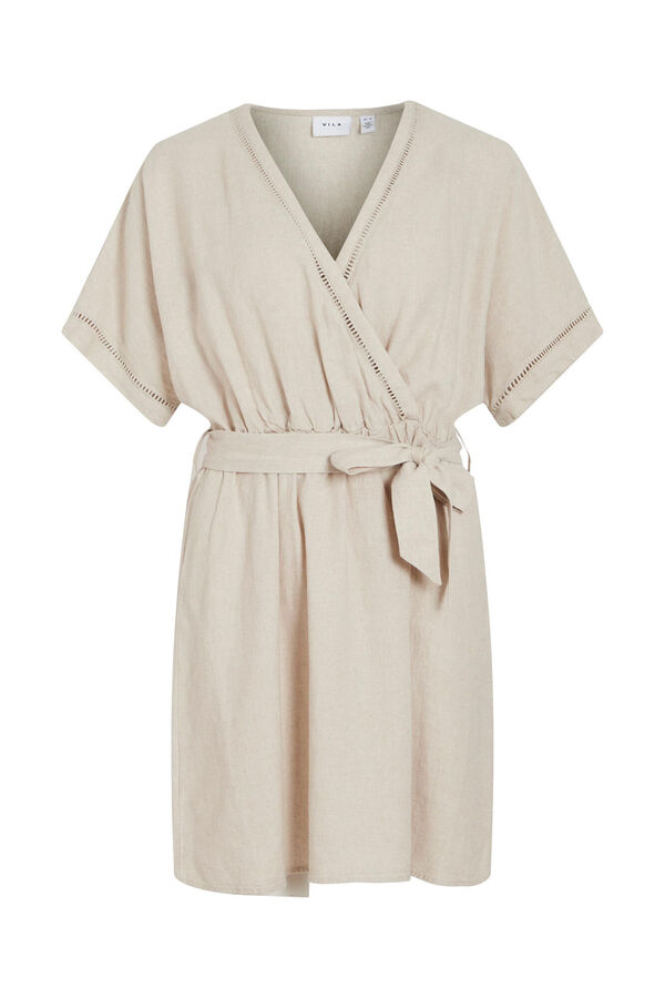 Vila Vestido curto de linho com cinto com la&ccedil;ada Castanho