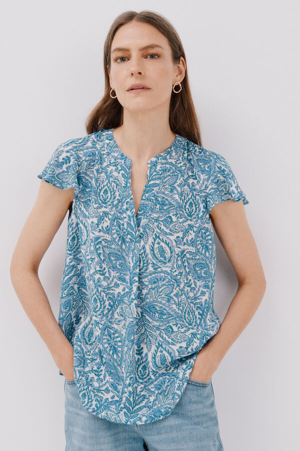 Cortefiel Blusa manga volante Estampado azul