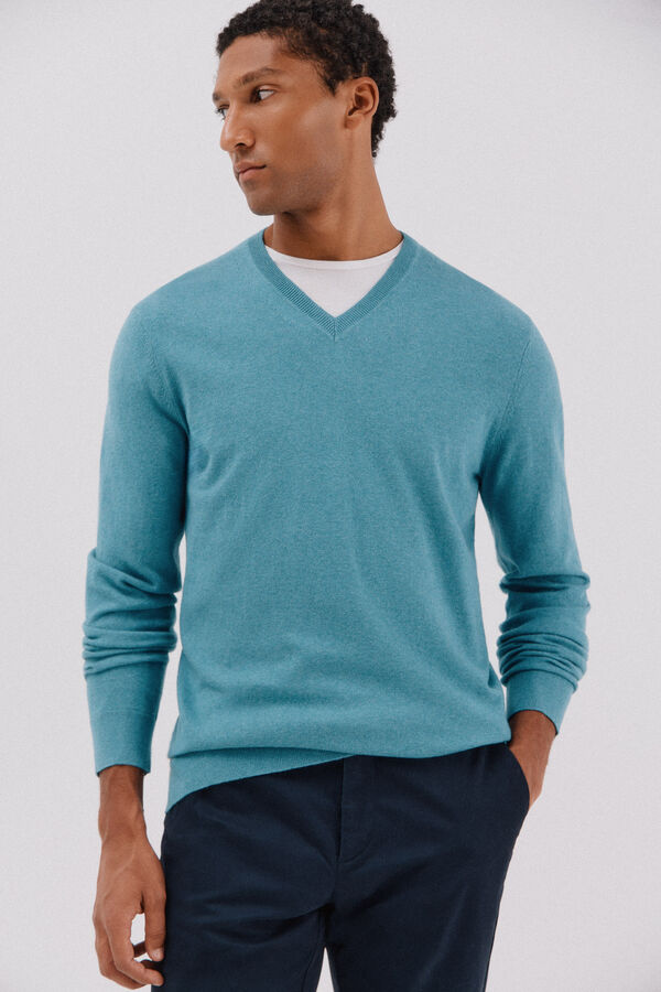 Cortefiel Camisola algod&atilde;o caxemira gola em bico Azul