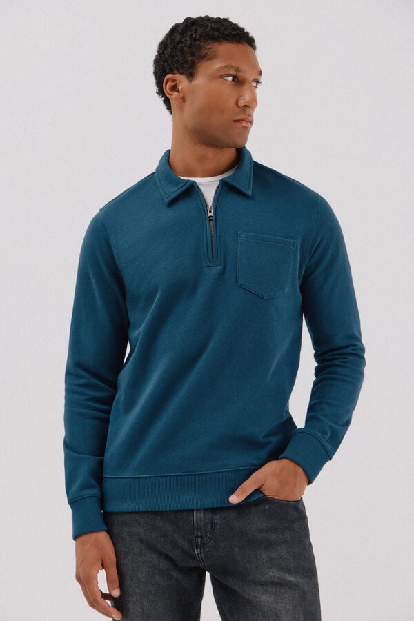 Cortefiel Moletom gola polo com fecho-&eacute;clair Azul