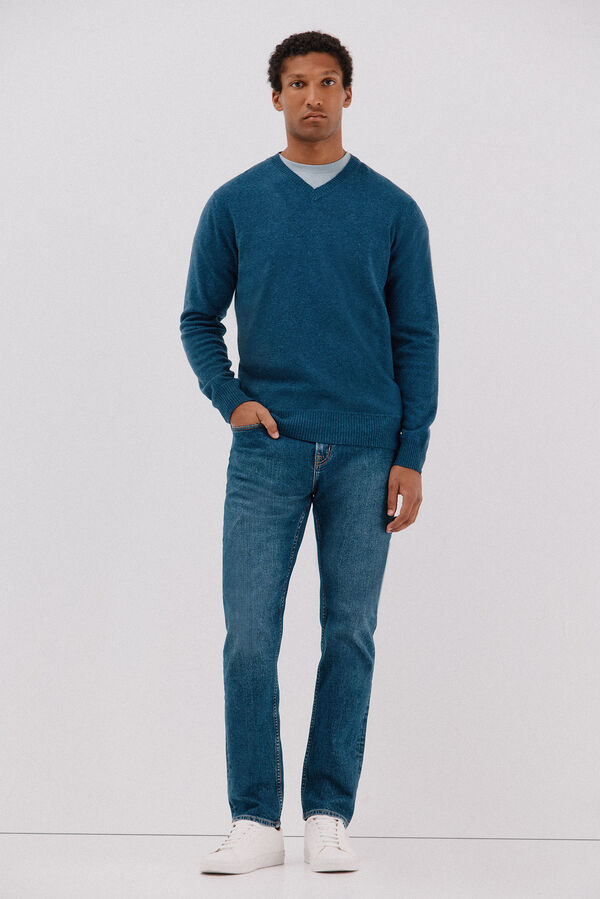 Cortefiel Jersey lana lambswool cuello pico Azul