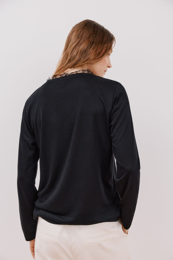 Cortefiel Camiseta escote pico encaje Negro