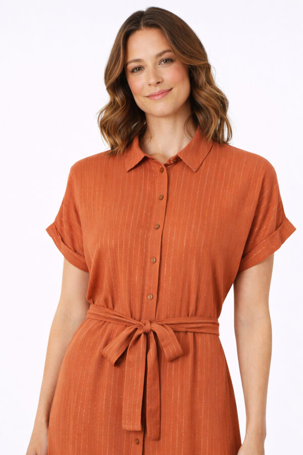 Vila Vestido camiseiro midi com l&uacute;rex Laranja