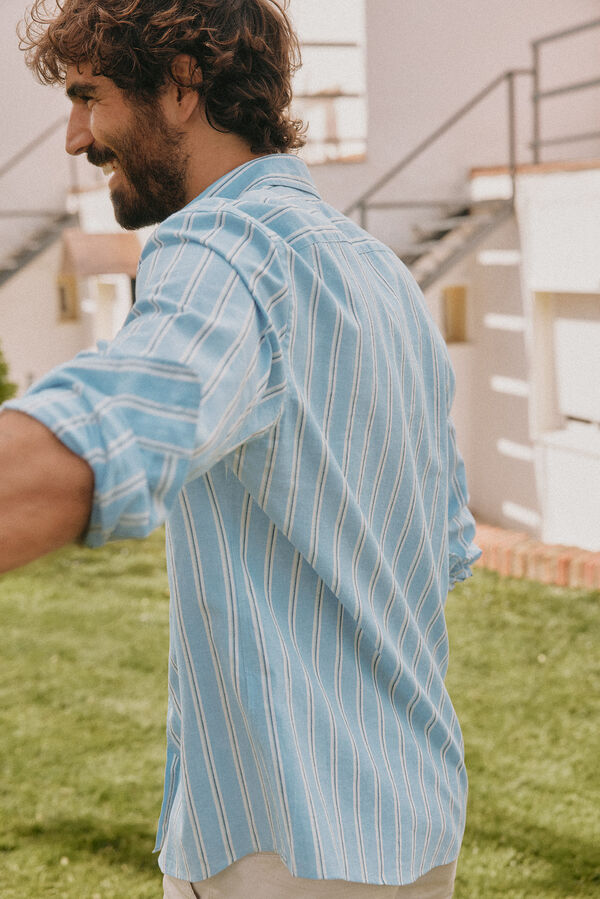 OOTO Camisa riscas algod&atilde;o linho manga comprida Azul