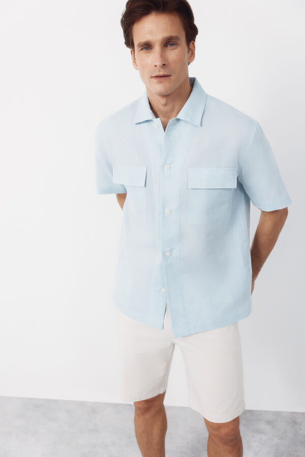 Cortefiel Camisa em linho e algod&atilde;o lisa com gola bowling Azul