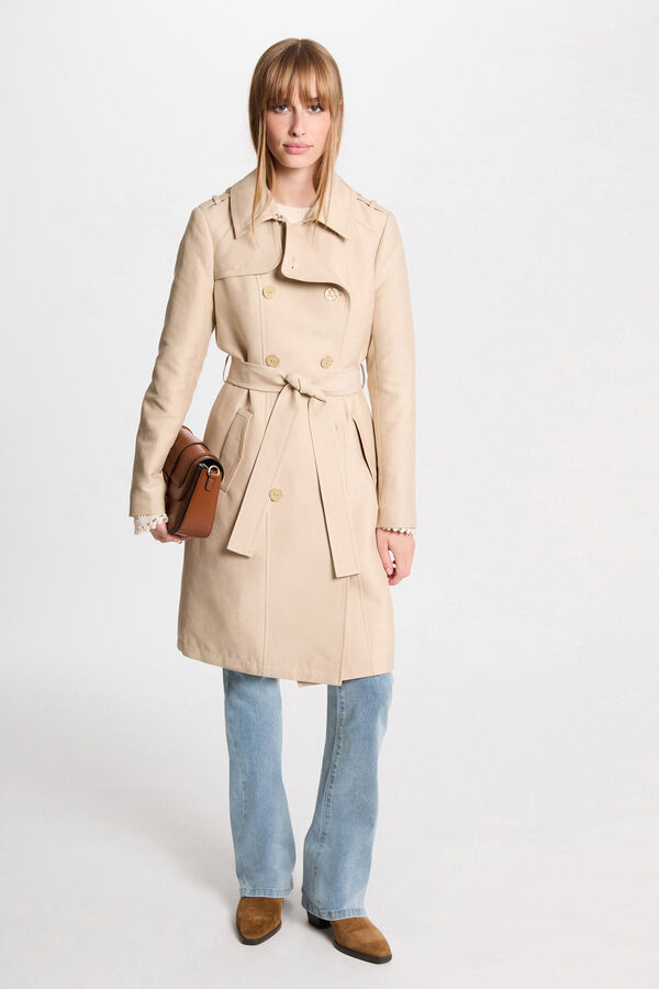 Morgan Gabardina larga con cintur&oacute;n Beige