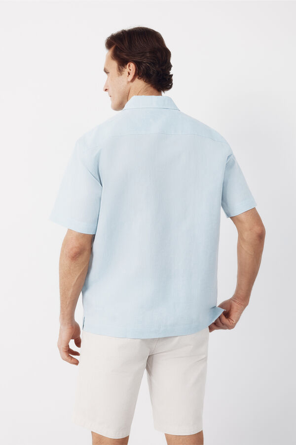 Cortefiel Camisa em linho e algod&atilde;o lisa com gola bowling Azul
